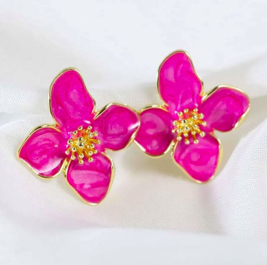 Brincos Obega de Senhora em Fantasia, Flor Rosa Choque