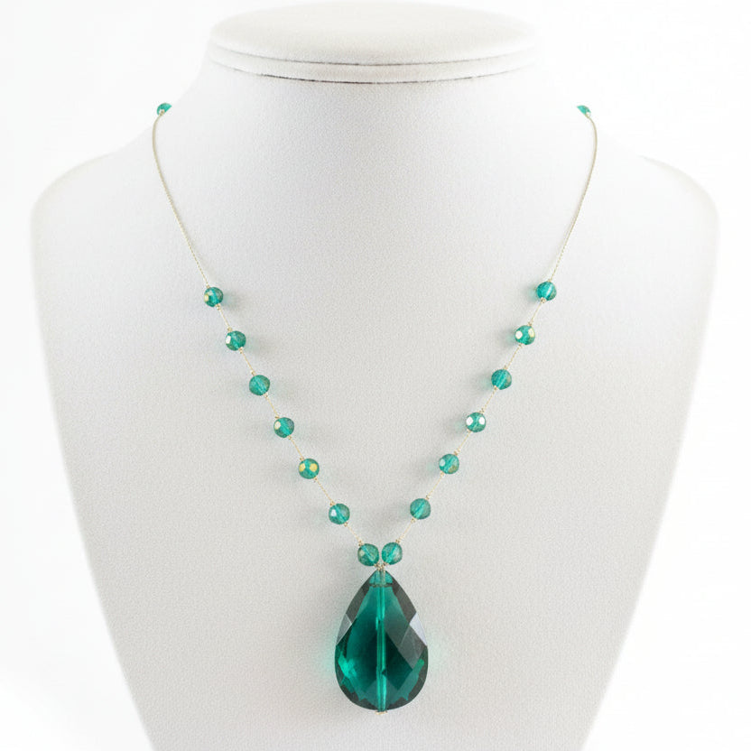 Collier pour femme Argenté, Goutte Verte
