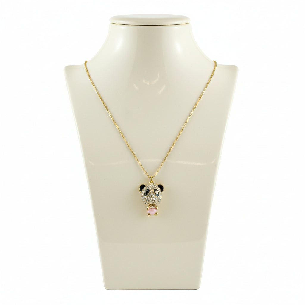 Colar de Criança, Panda com Cristais e Pedra Rosa