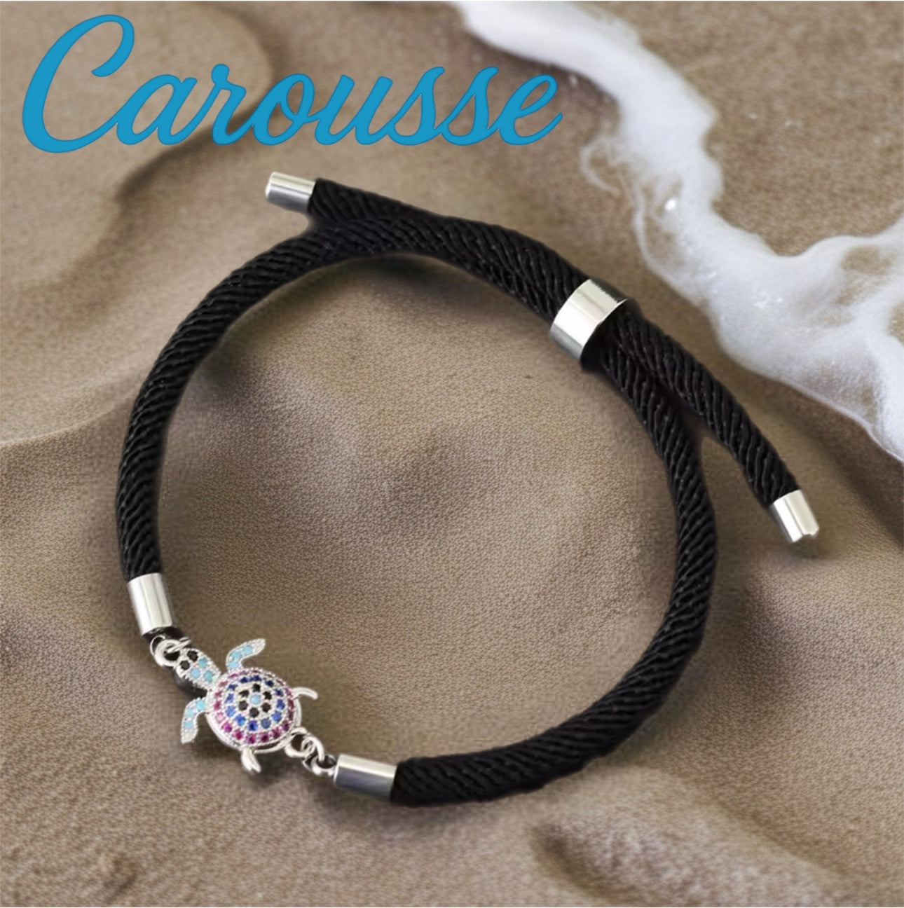 Bracelet noir en corde tressée ajustable avec tortue