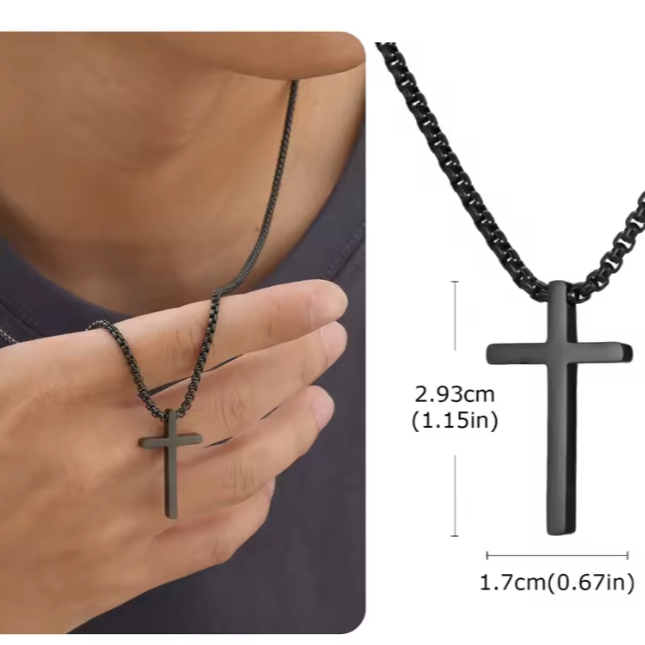 Colar de Homem em Aço Inoxidável com Pingente Cruz, Preto