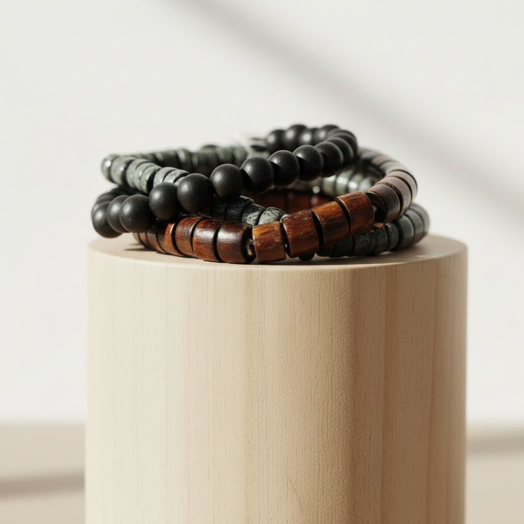 Pulseira de Homem Elástica com Contas Madeira