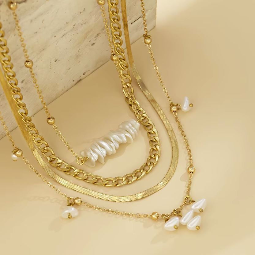 Collier pour femme en acier inoxydable, 4 rangs de perles