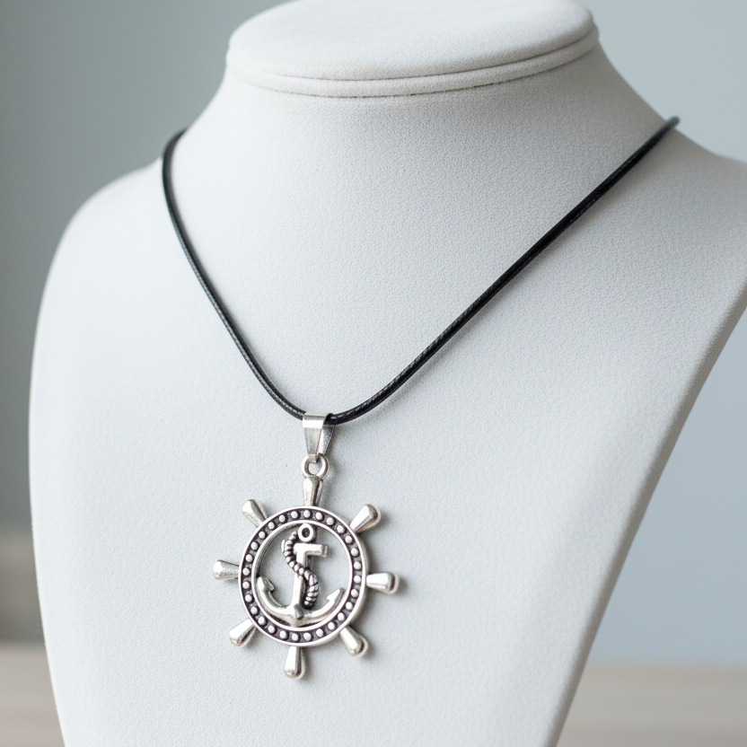 Collier pour Homme en Cuir avec Pendentif Ancre en Acier Inoxydable