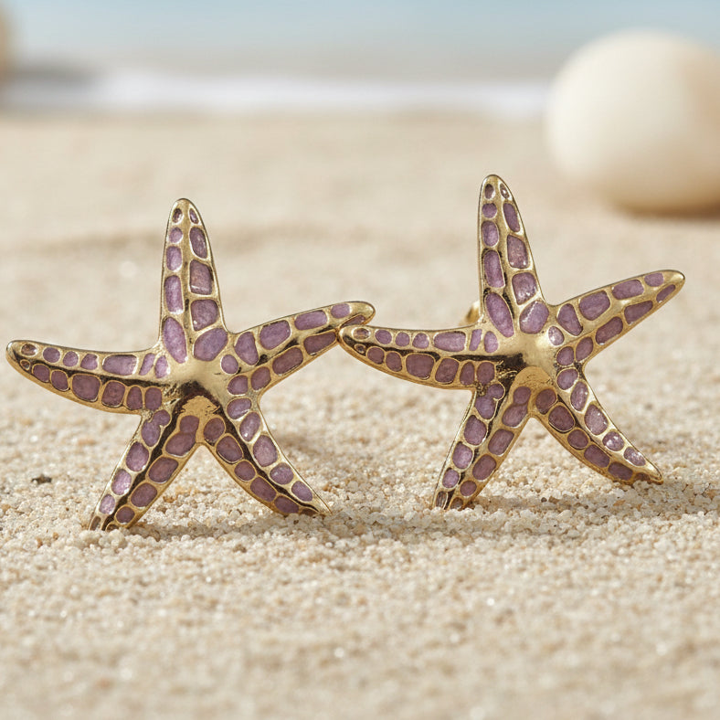 Brincos Starfish Gold & Purple – Inspiração Marinha