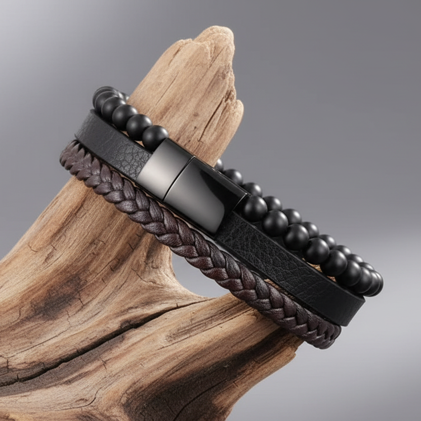Pulseira de Homem em Couro com Pedras Vulcânica 22cm