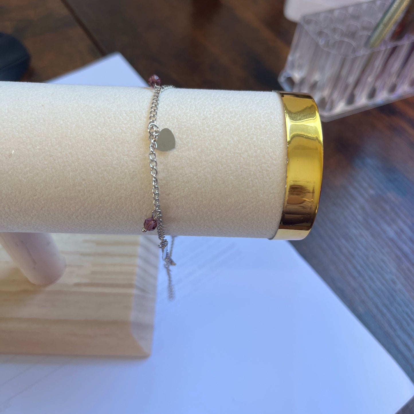 Pulseira de Senhora em Fantasia, Coração Pedra Roxa