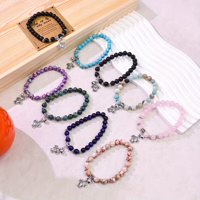 Pulseira Elástica de Pedra Natural com Tartaruga Marinha | Mar e Vida