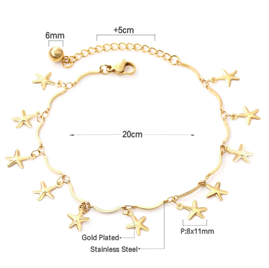 Pulseira de Tornozelo em Aço Inoxidável Dourado – Estrelas do Mar Ajustável