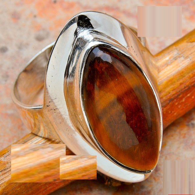 Anel de Prata com Pedra Natural Olho de Tigre T:8,25