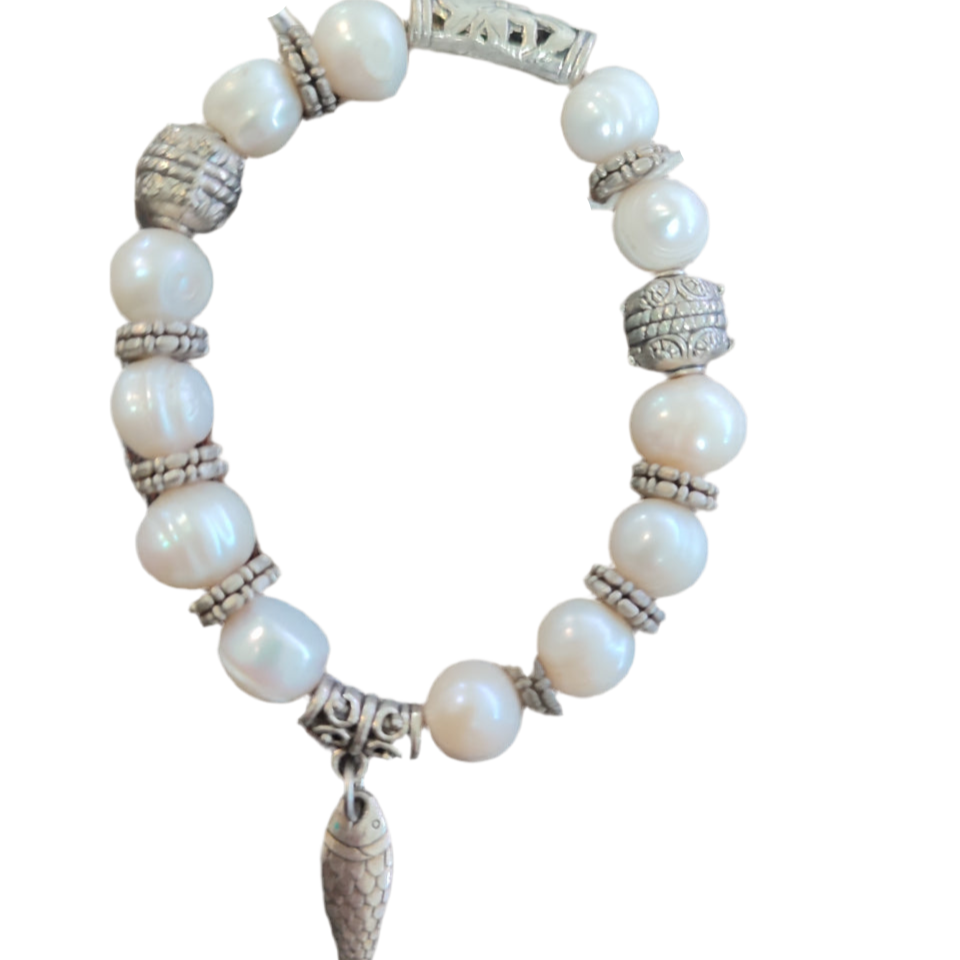 Bracelete de Senhora em Prata, Pérolas Peixe