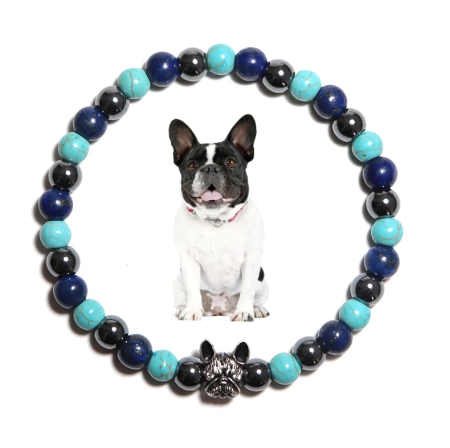 Pulseira de Homem Buldogue Francês com Pedras Verdadeiras