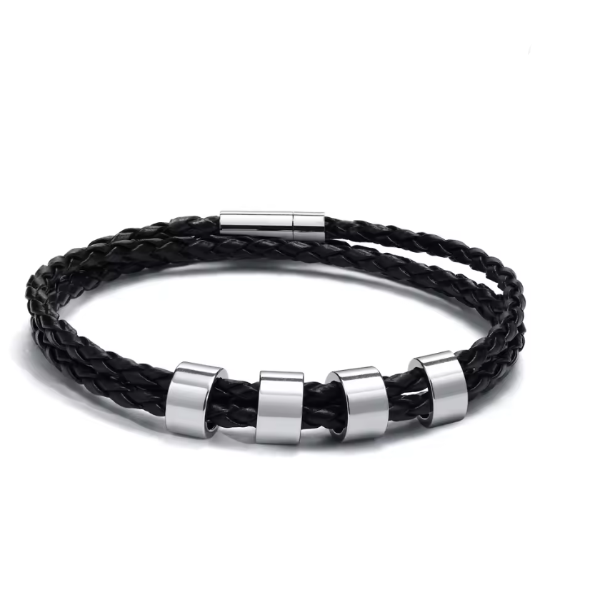 Pulseira Trançada em Couro Genuíno Preto Personalizada em Aço Inoxidável com I Love Santa Maria