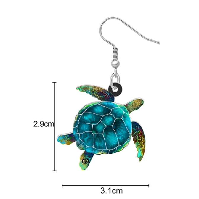 Brincos de Senhora em Aço Inoxidável com Tartaruga em Acrílico Azul