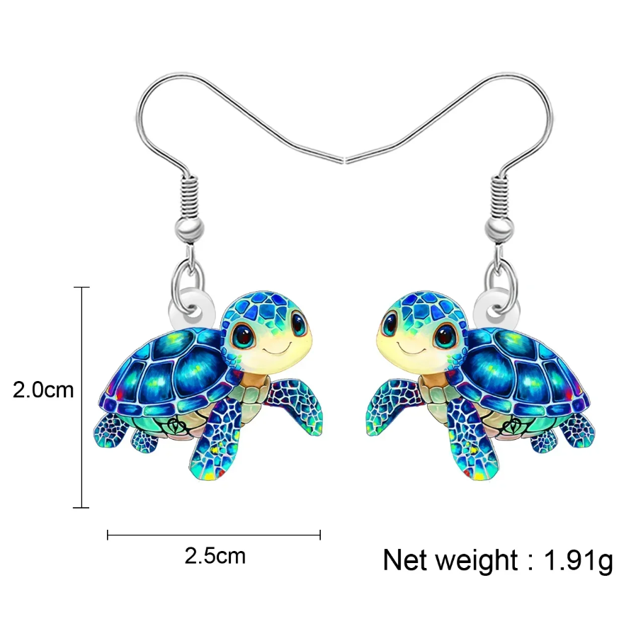 Brincos em Aço Inoxidável com Pendentede de Tartaruga Marinha em Acrílico