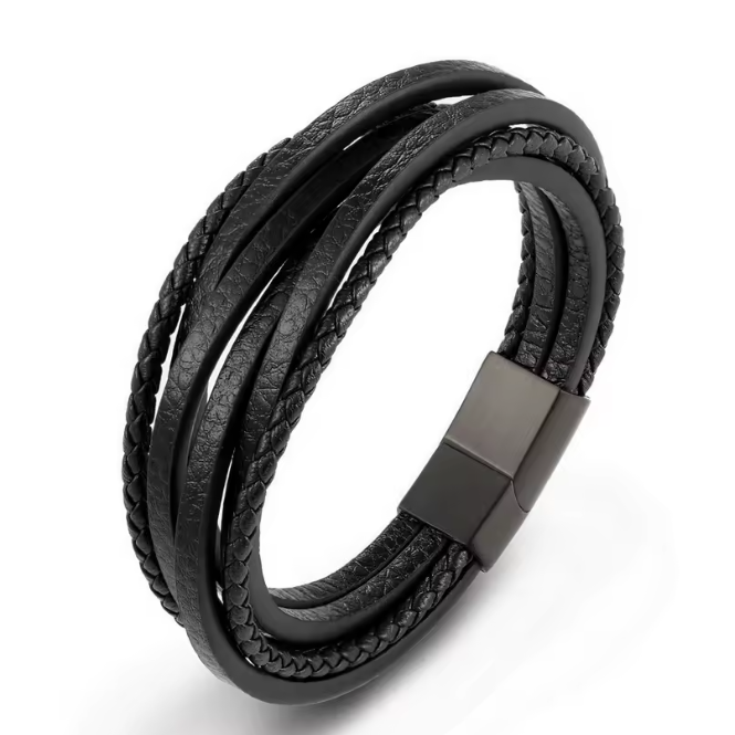 Pulseira de Homem em Couro Genuíno Multicamadas Fivela em Aco 316L, Preto