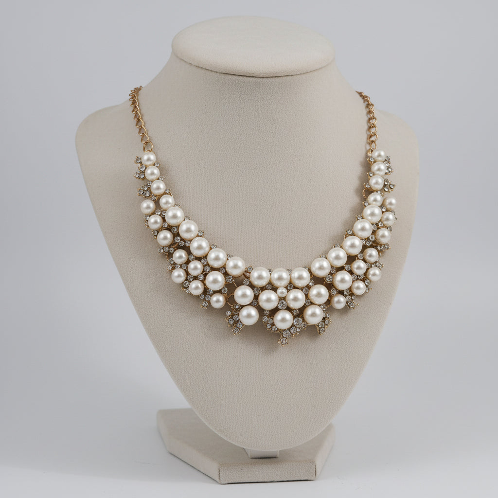 Collier pour femme avec perles blanches et cristaux