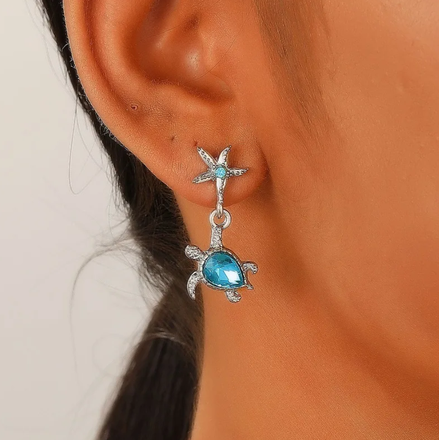 Brincos de Senhora em Zinco com Estrela do Mae e Tartaruga Marinha com Zircónias Azuis