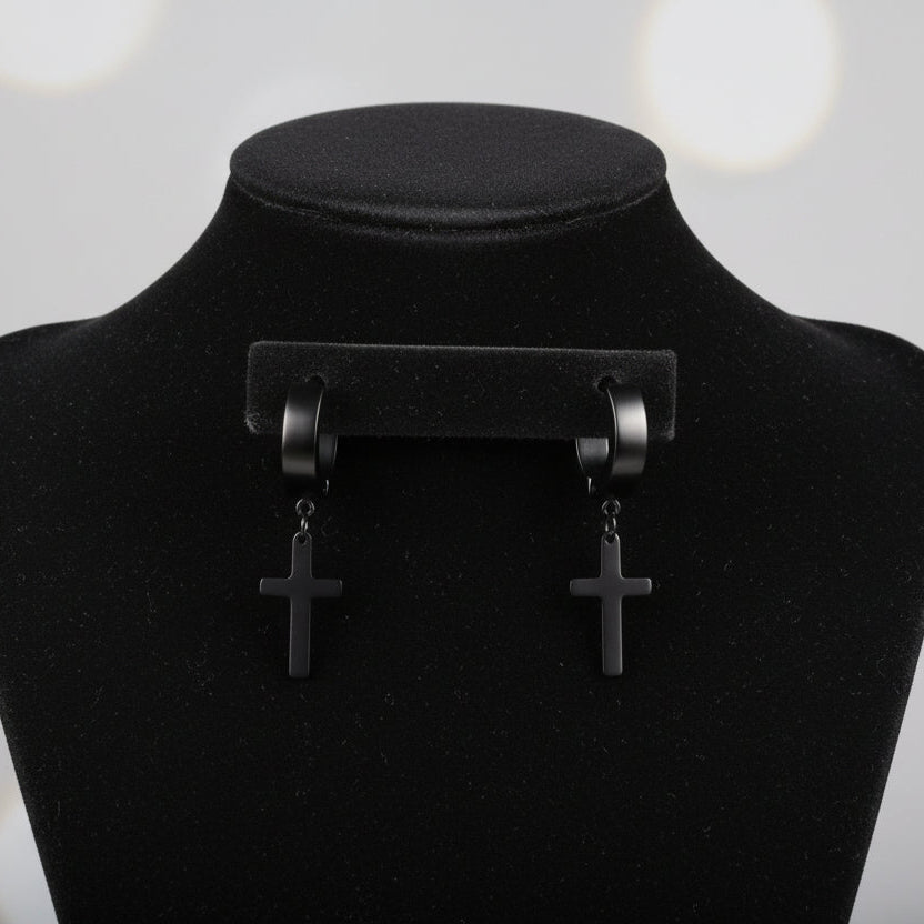 Boucles d'oreilles créoles en acier inoxydable, Croix noire