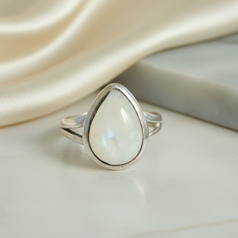 Bague en argent avec pierre de lune naturelle T:8