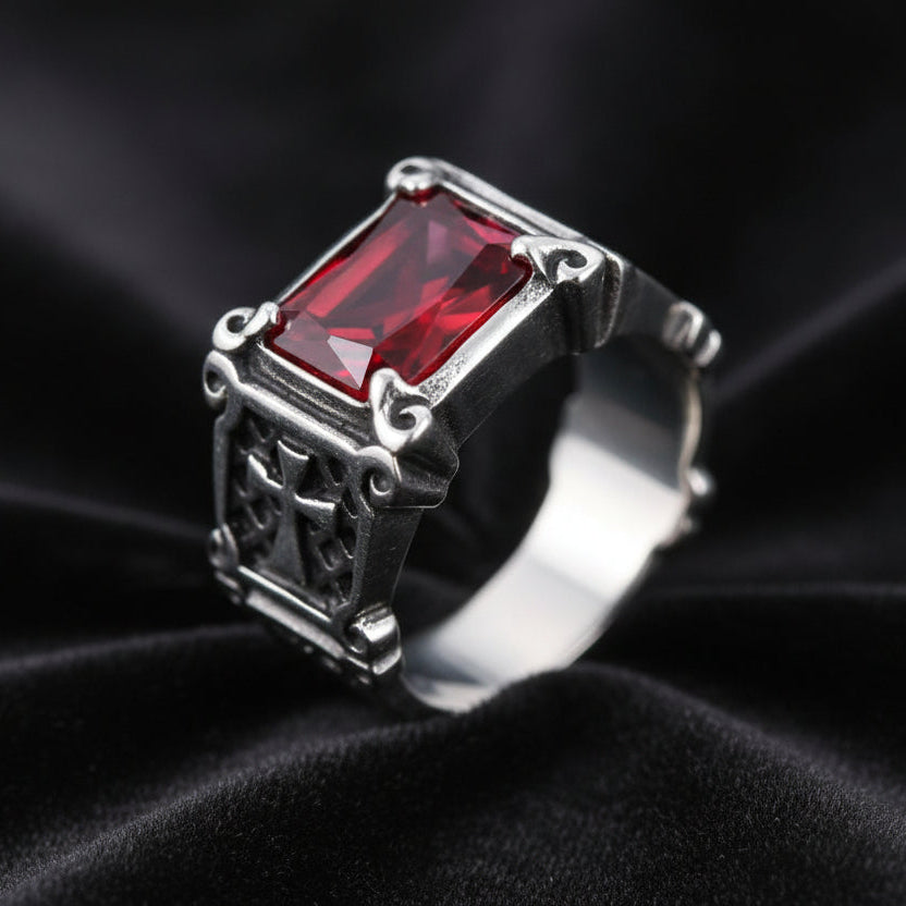 Bague pour homme en acier inoxydable 316L avec zirconium rouge T = 12