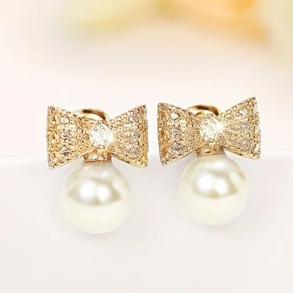 Boucles d'oreilles pour femme avec perles en or laminé 18 carats, nœud