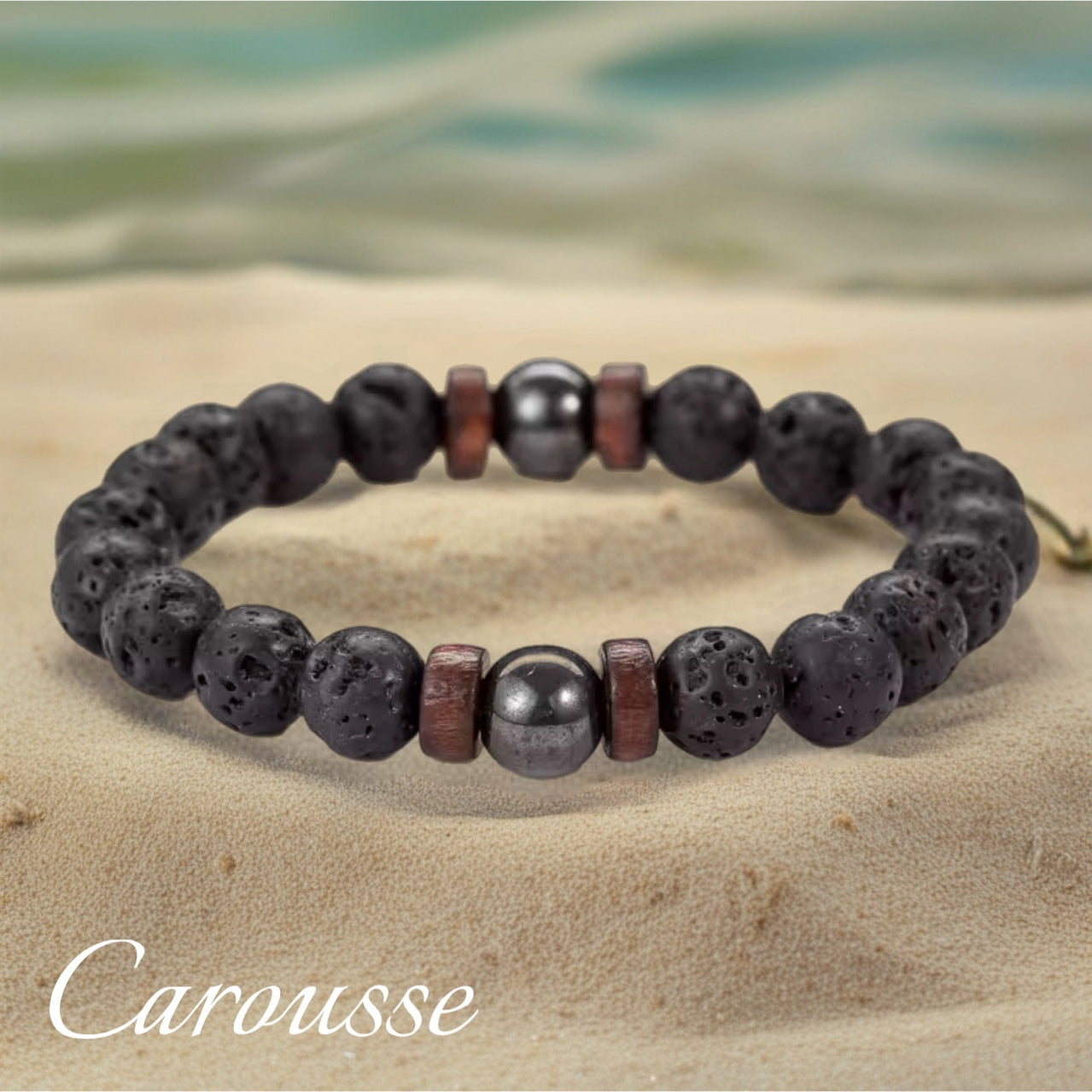 Pulseira Masculina Pedra Vulcânica & Hematita – Elegância Natural
