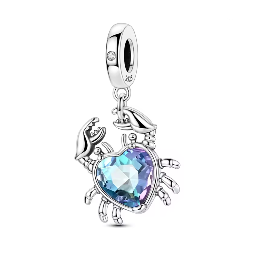 Conta em Prata 925, Caranguejo com Gema em forma de Coração Iridescente