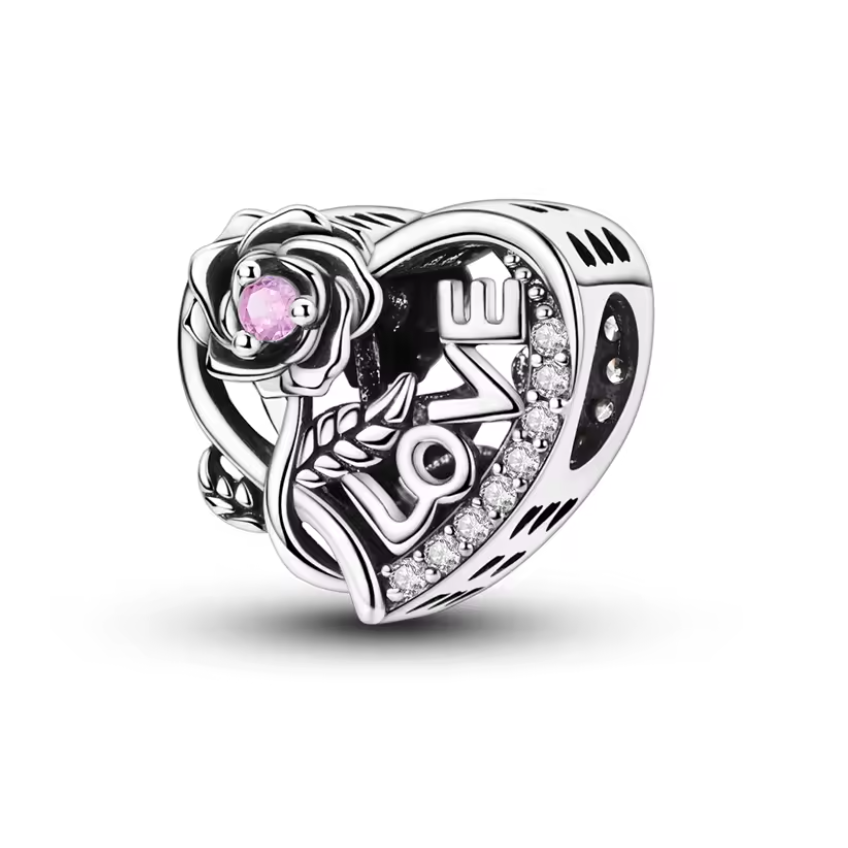 Conta em Prata 925, Coração com Rosa