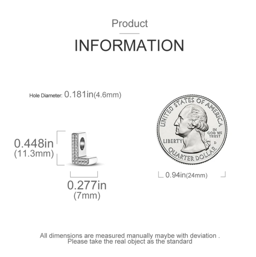 Perle en Argent 925, Lettre L