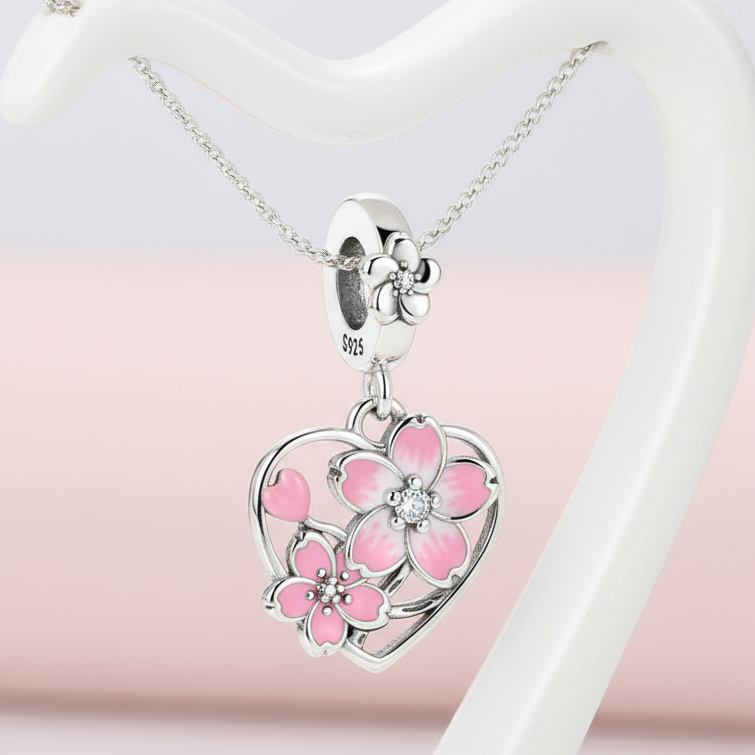 925 Silver Bead, Hollow Heart with Cherry Blossom