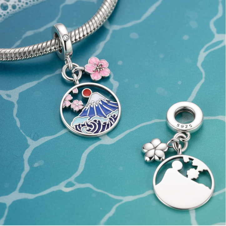 Sterling Silver Double Dangle, Mount Fuji and Cherry Blossoms