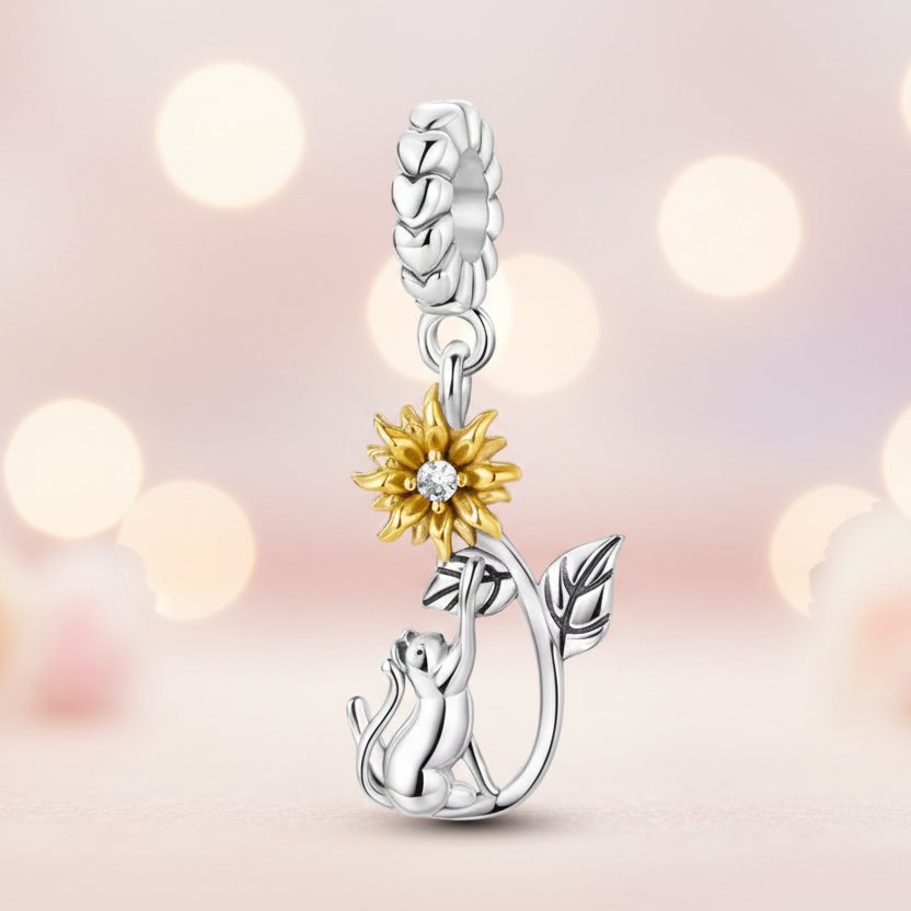 Perle en argent 925, chat dans une fleur