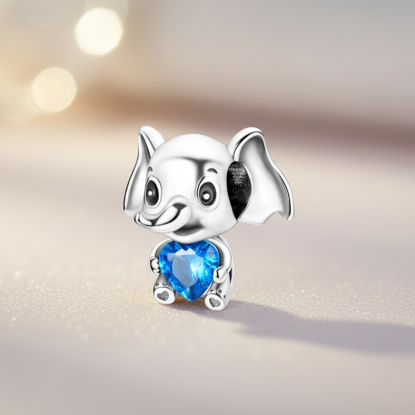 Breloque en argent sterling 925, Éléphant Cœur Bleu