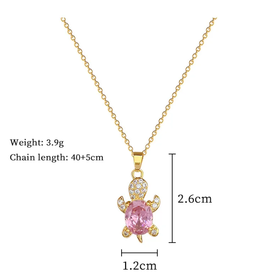 Conjunto de Colar e Brincos em Aço Inoxidável 316L de Tartaruga Strass Rosa