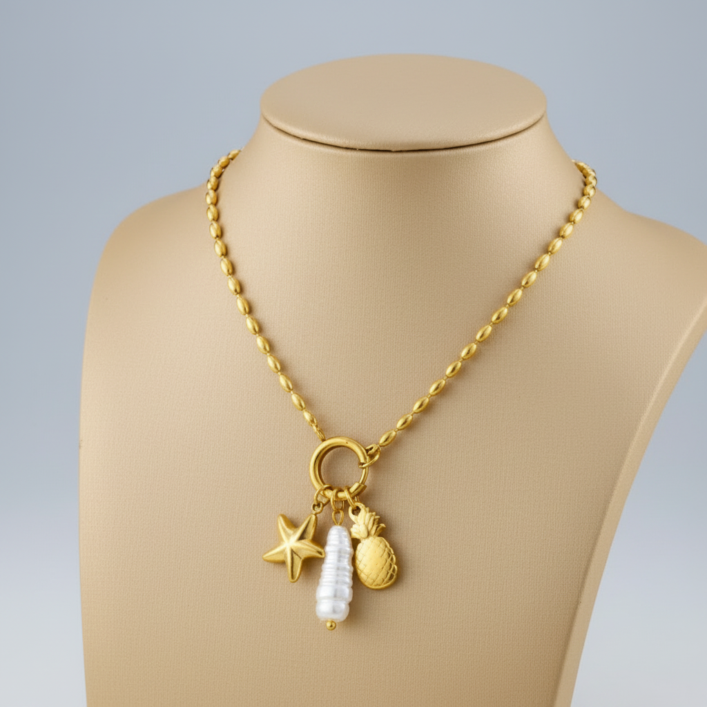 Collier Tropical Acier Inoxydable – Édition Or avec Perle Baroque