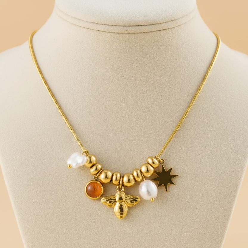 Collier Bee & Pearl Charm – Acier Inoxydable Plaqué Or 18K