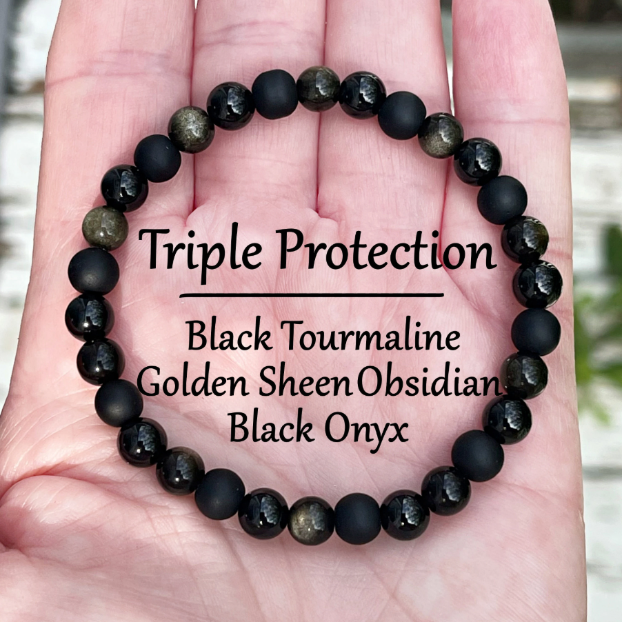 Pulseira Tripla Proteção com Pedra Turmalina, Obsidania E Onix Preto