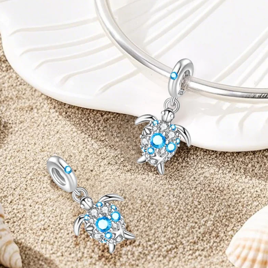 Perle en Argent 925, Tortue Zircons Cubiques Bleus