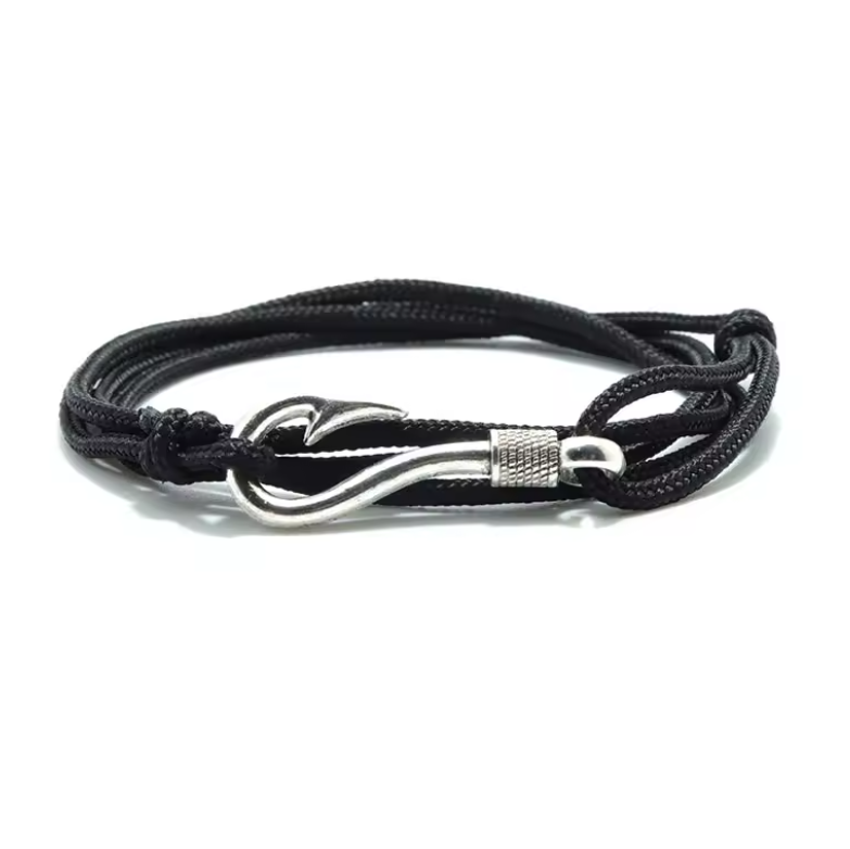 Pulseira Black Hook em Algodão – Anzol Prateado Minimalista