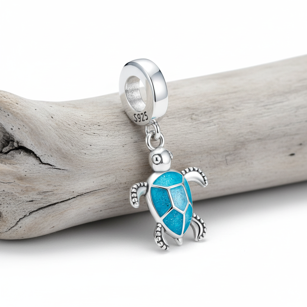 Perle en Argent 925, Tortue Lumineuse Bleue
