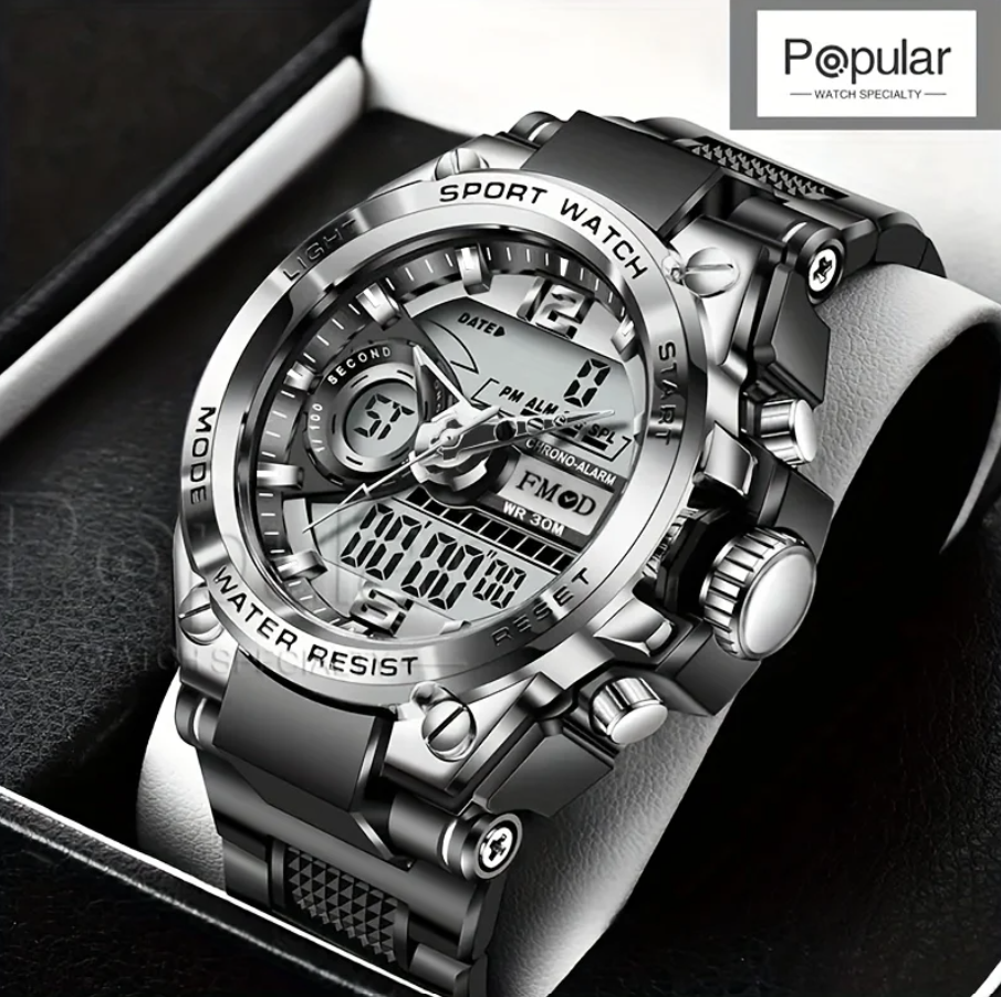 Relógio de Pulso Masculino Quartzo LED, Prata