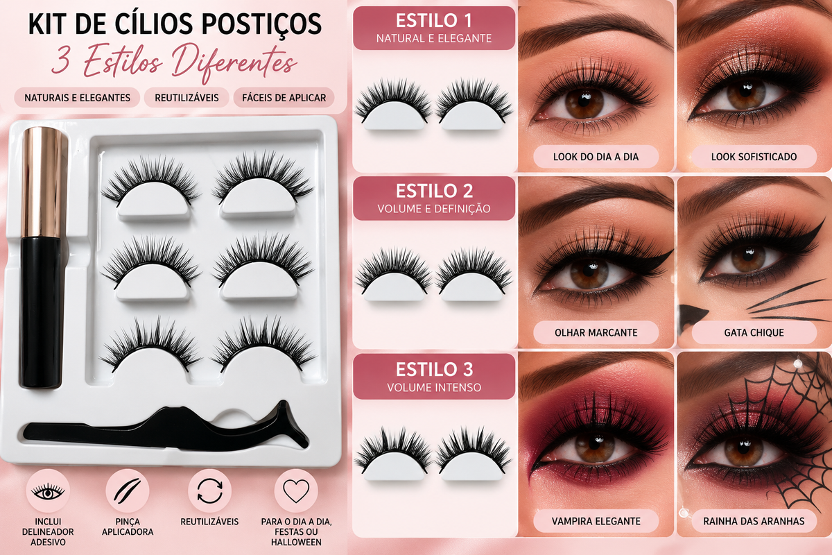 Kit de 3 Pares de Cílios Postiços Reutilizáveis com Eyeliner Adesivo e Pinça Aplicadora