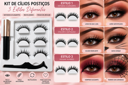 Kit de 3 Pares de Cílios Postiços Reutilizáveis com Eyeliner Adesivo e Pinça Aplicadora