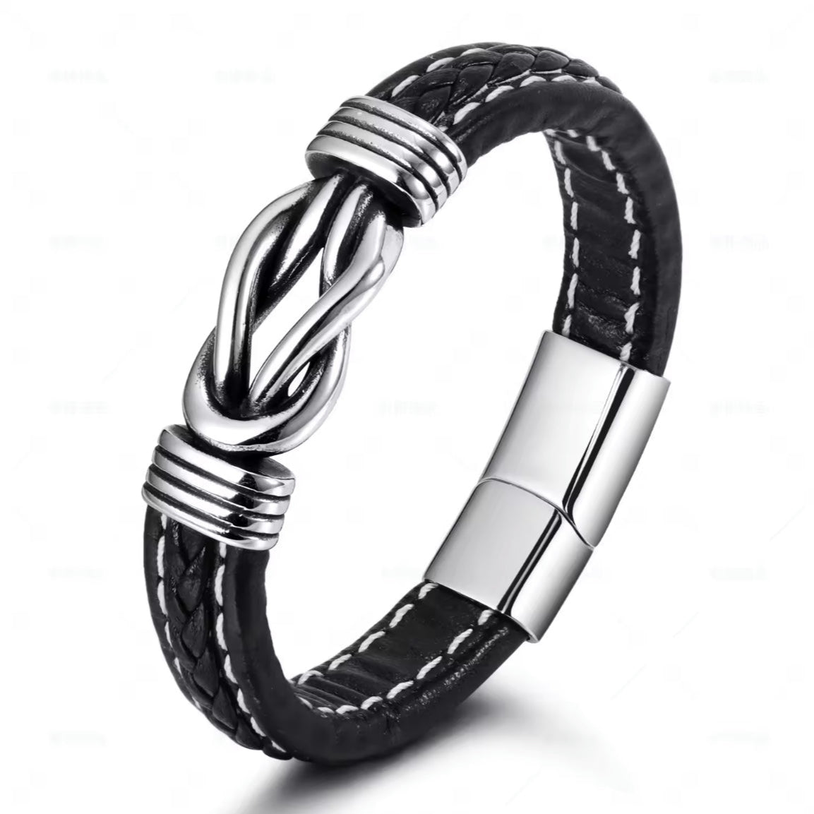Pulseira de Homem em Couro com Nós em Aço Inoxidável