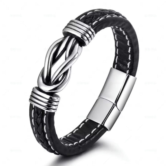 Pulseira de Homem em Couro com Nós em Aço Inoxidável
