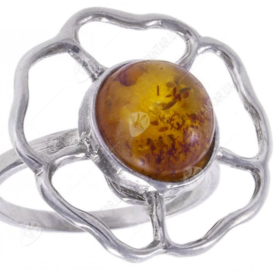 Anel Flor de Senhora em Prata 925 com Pedra Natural Âmbar
