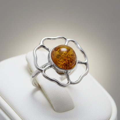 Bague Fleur Dame en Argent 925 avec Pierre Naturelle Ambre