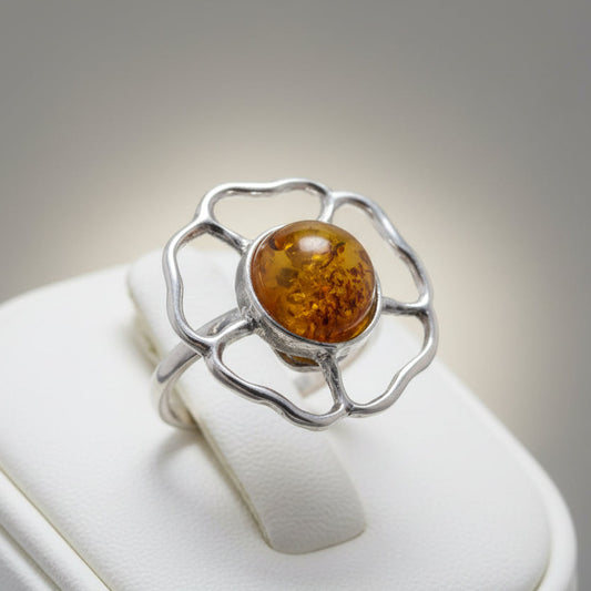 Anel Flor de Senhora em Prata 925 com Pedra Natural Âmbar T= 5