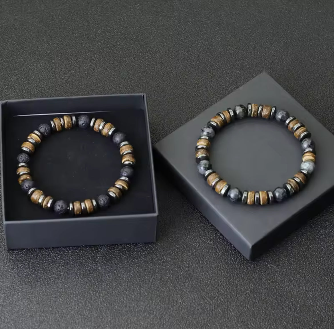 Pulseira de Homem com Pedra Ónix, Hematite e Grânulo de Côco